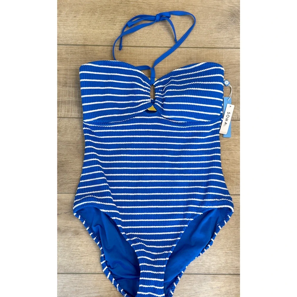 BLEU ROD BEATTIE AZUR PARK BLUE WHITE PUCKER UP BANDEAU ONE PIECE SWIMSUIT 12